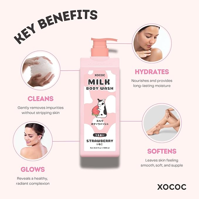 Strawberry Milk Body Wash, Hydrating Daily Cleanser for Soft Smooth Skin, Infused with Milk Protein & Strawberry Scent, Skin-Friendly Formula, 33.8 fl oz