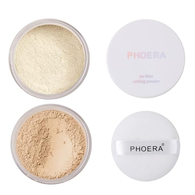2 Pcs PHOERA Setting Powder, Lightweight Control Oil Brighten Skin Color Blemish Face Setting Full Coverage Loose Powder。 (01# Translucent & 02# Cool Beige)