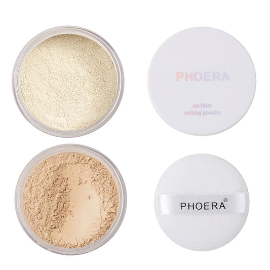 2 Pcs PHOERA Setting Powder, Lightweight Control Oil Brighten Skin Color Blemish Face Setting Full Coverage Loose Powder。 (01# Translucent & 02# Cool Beige)