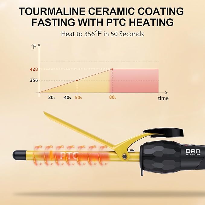 DAN Technology 1/2 Inch Thin Curling Iron for Corkscrew Curls, Tourmaline Ceramic Small Hair Curler with LCD Display (180°F–430°F), Fast Heating, Dual Voltage, Auto Shut-Off, Black & Gold