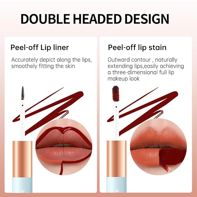 Double-head design Lip Stain Lip Liner Stain,Matte Finish Peel Off Lip Stain with Tweezer, Long Lasting Lightweight Smoothing Waterproof Smudge-proof Transfer-proof, Easy to Use,2#Coral