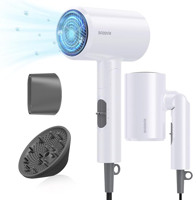 Blow Dryer with Diffuser, 1875W Fast-Drying, Foldable, Ionic Turbo Hair Dryer with Diffuser & Concentrator Nozzle, Compact, 3 Heat & 2 Speed Settings, 8FT Cord for Home Salon, White