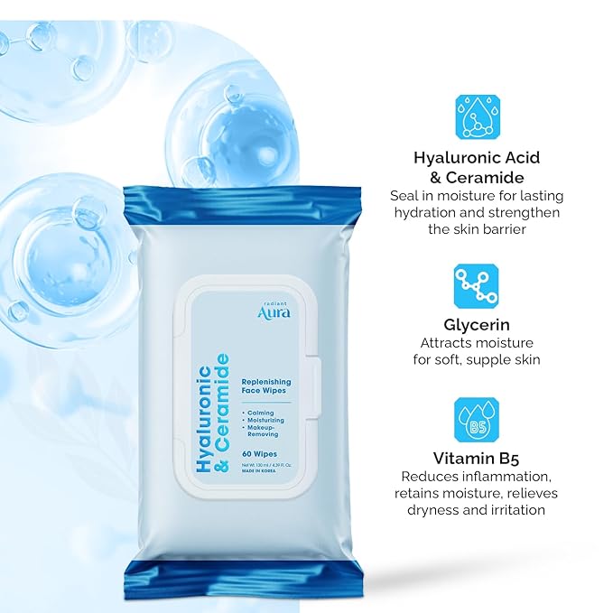 Hyaluronic Acid & Ceramide Face Wipes – Dermatologist Tested, Anti-Aging, Korean Skin Care – Removes Makeup, Deep Hydration, Strengthens Skin Barrier – Vegan, Clean Beauty – 240 Count