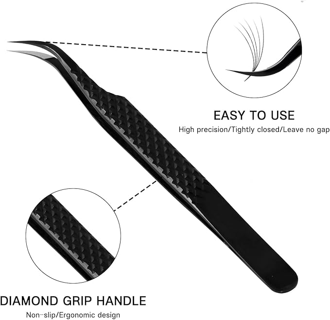VAVALASH Lash Tweezers for Eyelash Extensions, Fiber Tip Diamond Grip Curved Tweezers for Lash Extension,Professional Precision Black Lash Tweezers for Volume & Classic Lashes (Curved Tweezers)