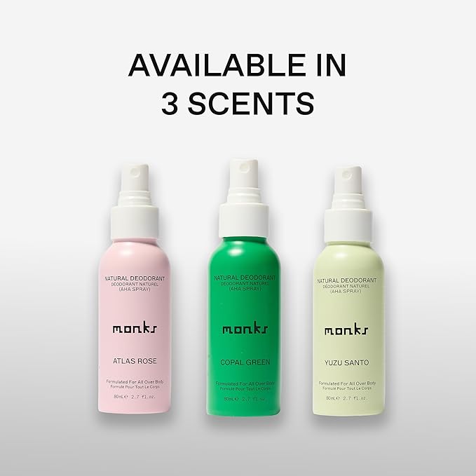 MONKS Whole Body Natural Deodorant Spray - For Women and Men, Aluminum-Free, Baking Soda Free, Probiotics, Organic AHA’s, Pure Essential Oils (Yuzu Santo)