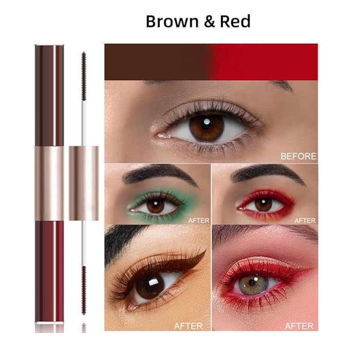 Waterproof Colorful Mascara with Small Brush, 1 Mascara with 2 Colors, Multi-Color, 2 Brush 2 Colors, Smudge-Proof, Long-Lasting, Volume and Lengthening, No Clumping (Brown & Red)