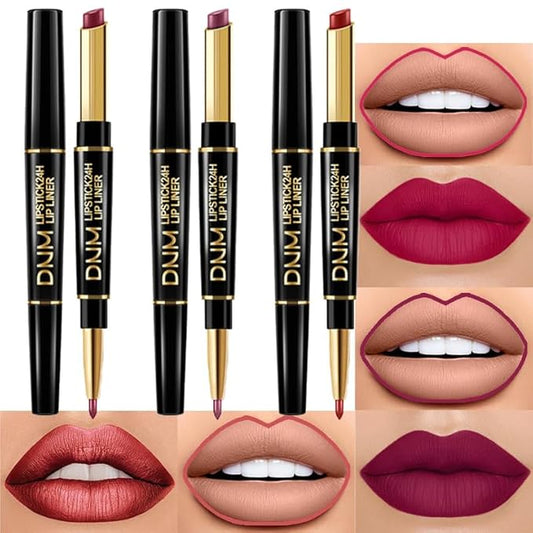 BINGBRUSH 3Pcs Double Ended Plum Purple Matte Lip Liner and Lipstick Makeup Combo Set for Women, Mauve Red Lipliner 24 Hours Original Waterproof Long Lasting Lip Stains Pencil Kit Set
