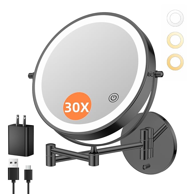 FUNTOUCH 10" 1X/30X Wall Mounted Lighted Makeup Mirror, 4500mAh Rechargeable Double Sided Magnifying Mirror with Adapter, 3 Color Lights,Touch Dimmable, 360 Rotation Extended Arm for Bathroom,Black