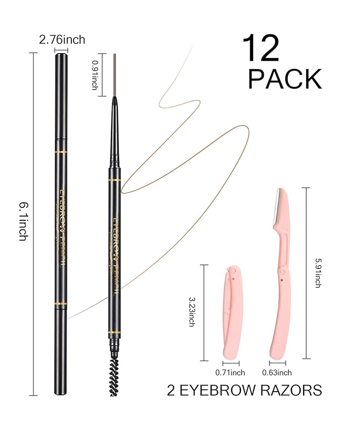 Medium Brown Eyebrow Pencils for Women, 12Pcs Ultra Slim Eyebrow Pencil with 2 Brow Razors Kit, Double Head 1.5mm Micro-Fine Tip & Spiral Brush, Can Draw Fine and Long-Lasting Brows Makeup