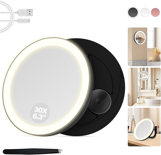 30X Magnifying Mirror Suction Cup, 6" Makeup Mirror with Lights, Rechargeable Travel Mirror with 3 Color Dimmable Lights for Precision Makeup, Fits Bathroom/Wall Suction/Hanging, Black