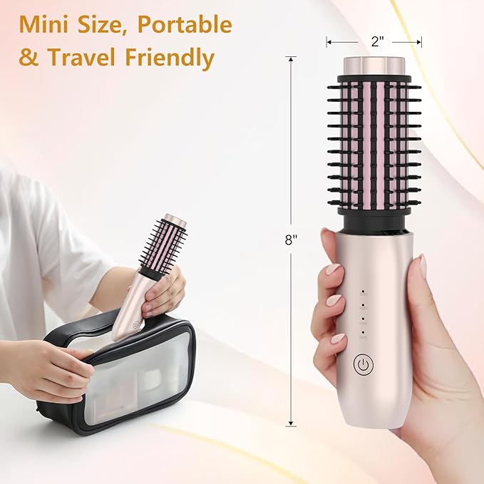 Cordless Hair Curling Iron Brush, Travel Hot Straightener Comb Curl Brush, 3-in-1 Portable Curling Iron Cordless Wand, USB Rechargeable Curling Wand-Blush(Gold)
