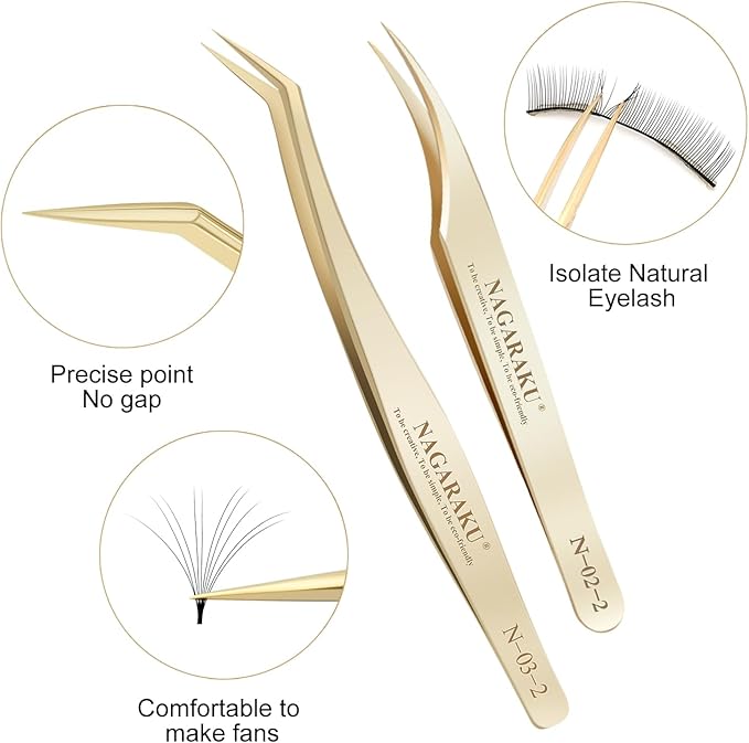 NAGARAKU Eyelash Extension Tweezers Gold Straight Isolation Professional Isolator Stainless Steel Precision (N-02-2)