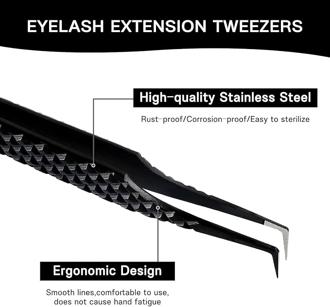 VAVALASH Lash Tweezers for Eyelash Extensions, Fiber Tip Diamond Grip 90 Degree Tweezers for Lash Extension,Professional Precision Black Lash Tweezers for Volume & Classic Lashes (90 Degree Tweezers)