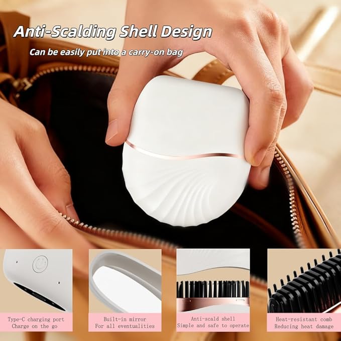 Mini Hair Straightener Brush, Portable Brush for Women Hair Care, Rechargeable Hair Straightener Comb with 2 Temperature Settings & Built-in Mirror, Straight Hair Comb for Home Travel (White)
