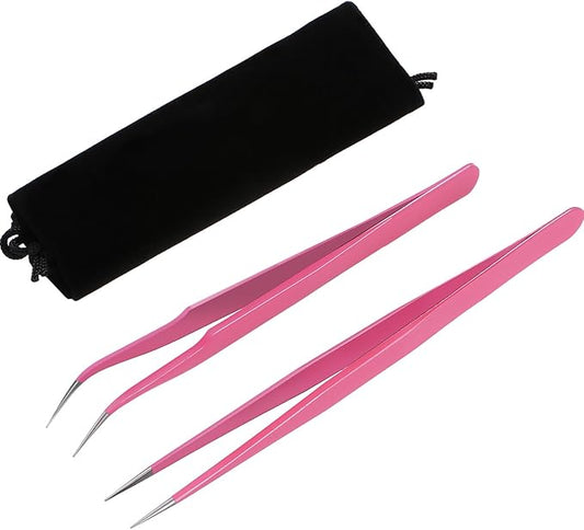Hotop 2 Pieces Straight and Curved Tip Tweezers Eyelash Extension Tweezers, Stainless Steel False Lash Application Tools (Pink)