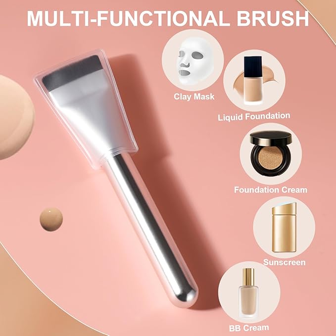 Flat Foundation Brush for Liquid Makeup, with Powder Puff Fast Flawless Flat Top Kabuki Makeup Brushes Face Cosmetics Concealer Brush for Liquid, Blending, Powder, Cream, Blush, Buffing Silver