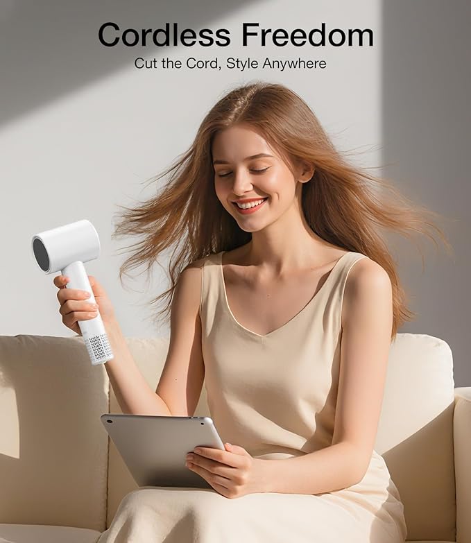 YALICE Cordless Hair Dryer Rechargeable with Digital Screen, 15000mAh Travel Hair Dryer with Magnetic Nozzle, 4 Mode Portable Hair Blow Dryers for Women Kids Outdoor Camping Beaches (White)