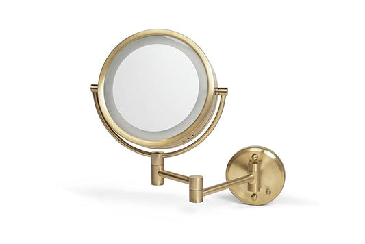 JERDON Wall-Mounted Makeup Mirror with LED Light - Direct Wire Lighted Makeup Mirror with 8X Magnification - 8.5-inch Diameter Mirror with Gold Finish Wall Mount - Model HL75BGD