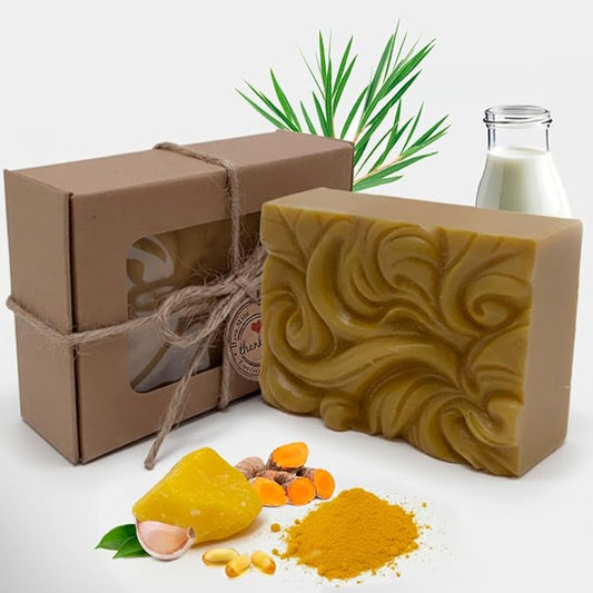 100% Natural Goat Milk Turmeric Soap Bar for Women & Men | Handmade Tea Tree & Sulfur Soap with Salicylic Acid & Castor Oil | 2 oz | Organic Bar for Skin Recovery | Duration Up to 2 Months