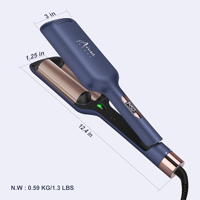 32mm (1.25") Aima Beauty Twins Mermaid Loose Hair Waver, Anti-Scald Hair Crimper 2 Barrel, Worldwide Dual Voltage Curling Iron, Curling Wand Storage Lock 15S Heats Up Medium/Long Hair Prussian Blue