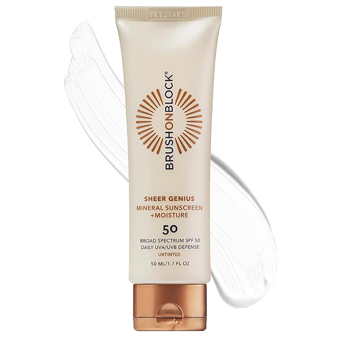 Brush On Block Untinted Mineral Sunscreen SPF 50 for Face | Broad Spectrum, Hyaluronic Acid, Sheer & Non-Greasy Moisturizer for Sensitive Skin, Zinc Oxide Sunscreen, P++++, Made in USA