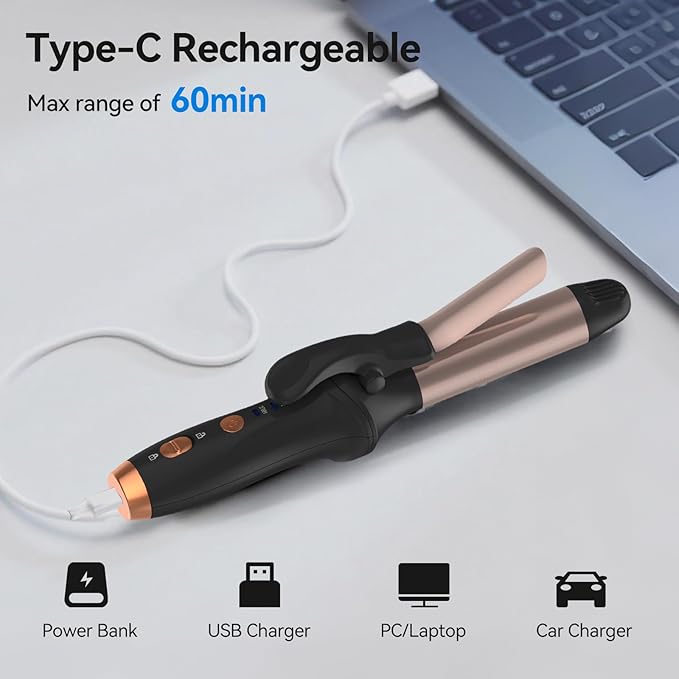 Cordless Curling Iron Hair Curler: Mini USB Rechargeable 4000 mAh 3 Temp Setting Travel Portable 200 Million Negative Ion 2 in 1 for Long Short Hair