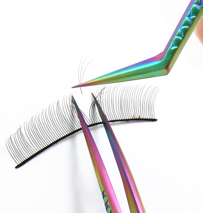 FEITA Diamond Grip Eyelash Extensions Tweezer Lash Precision Tweezers, Japanese Steel Dolphin-shaped & Angled Tip, False Lashes Application Tools, Multi-color 2Pcs