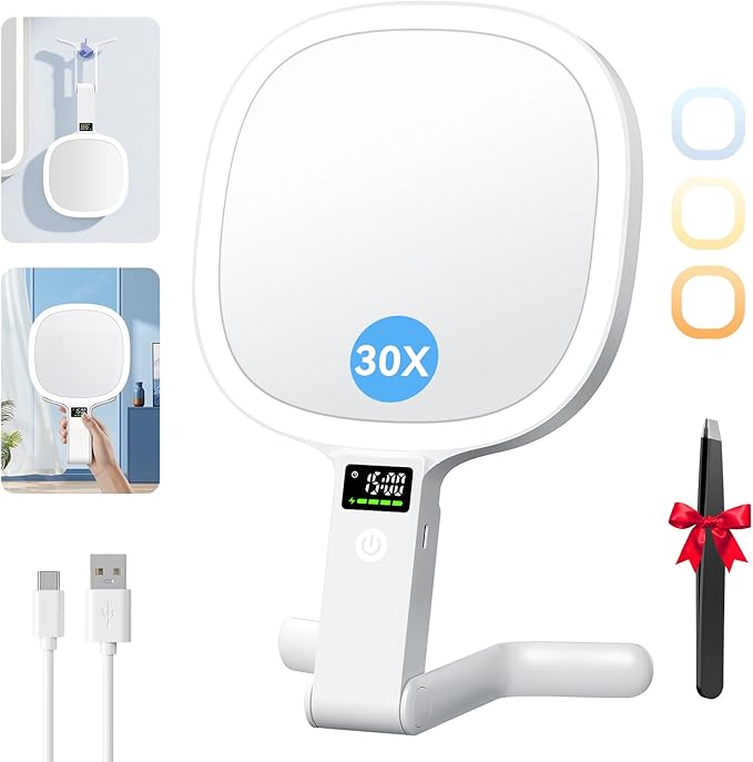Auxmir Travel Makeup Mirror with Lights, Double Sided 30X/1X Lighted Magnifying Mirror, LED Display & 3 Color & Dimmable Brightness, Rechargeable Portable Vanity Mirror, Tabletop/Handheld/Hanging