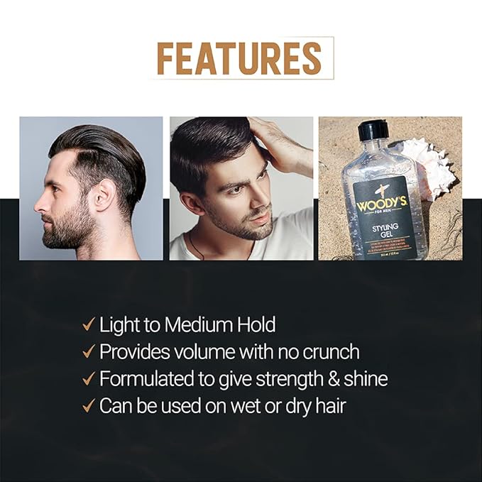 Woody's Styling Gel for Men – Alcohol-Free Men's Hair Gel with Light to Medium Hold, No Crunch, Touchable Finish, 12 fl oz