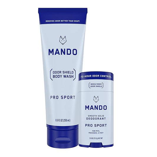 Mando Smooth Solid Stick (2.6 Ounce) + Acidified Body Wash (8.5 Ounce) - Clinically Proven to Block Odor All Day - Whole Body Safe For Pits, Packages + Feet (Pro Sport)
