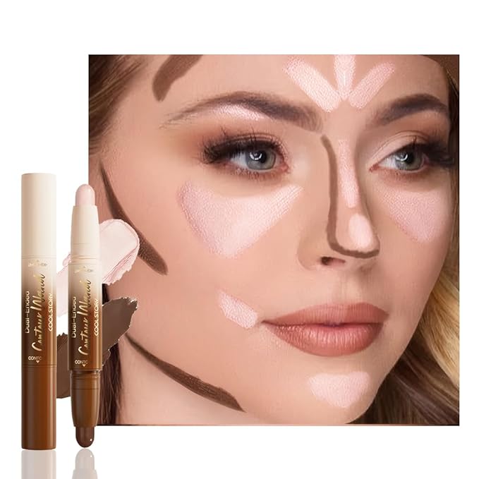2in1 Darker Nude+Light Pink Cream Contour Highlighter Stick, Dual-Ended Highlighter Makeup Contour Stick, Contour Stick Dual Ended For Face Body Makeup, Long Lasting Waterproof for All Skin Tones