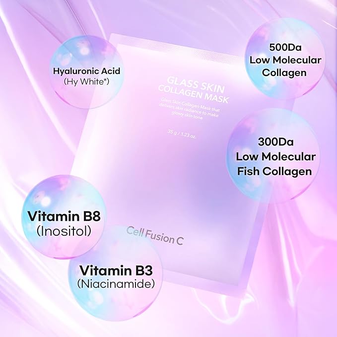 Cell Fusion C Glass Skin Collagen Mask, 1.23 oz. x 5 Sheets, Overnight Hydrogel Mask with Triple Collagen & Niacinamide, Hydrating and Plumping, Korean Skincare