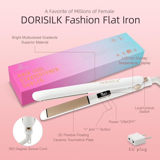 DORISILK Ceramic Flat Iron 450 Degrees, Hair Straightener and Curler 2 in 1, 30s Fast Heat Straightening Iron for Hair, Dual Voltage Hair Iron 1 Inch Salon Control Temp Gift for Women Girls, White