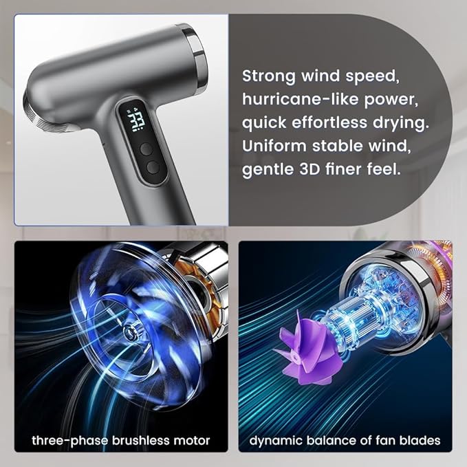 Cordless Hair Dryer, 15000mAh Battery, Rechargeable Hair Dryer, 3 Adjustable Hot and Cold Wind, Used for Travel, Camping, and RV.