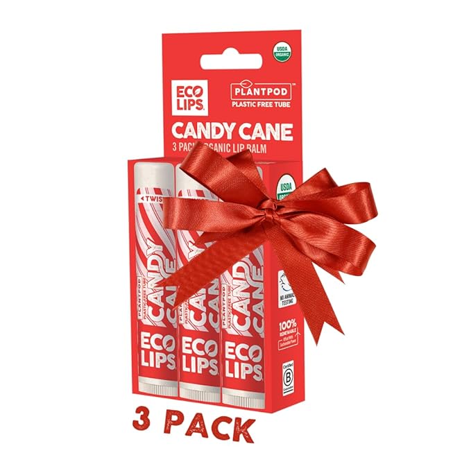 Eco Lips Organic Candy Cane Moisturizing Lip Balm - Organic Coconut Oil and Cocoa Butter - Soothe, Moisturize Dry, Cracked and Chapped Lips - 100% Plastic-Free Plant Pod Packaging - Made in USA