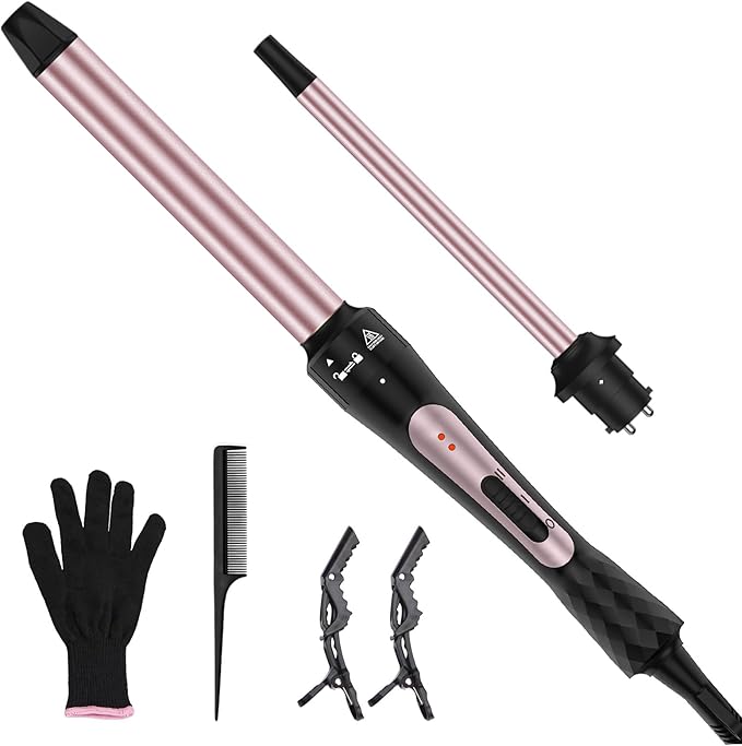 2 in 1 Curling Iron Wand Set - 0.35" & 1" Interchangeable Ceramic Barrels for Tight Curls & Waves, Dual Voltage Fast Heating Hair Wand Curler, Travel-Friendly for Short Long Hair