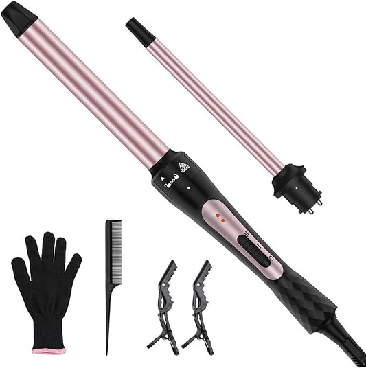 2 in 1 Curling Iron Wand Set - 0.35" & 1" Interchangeable Ceramic Barrels for Tight Curls & Waves, Dual Voltage Fast Heating Hair Wand Curler, Travel-Friendly for Short Long Hair