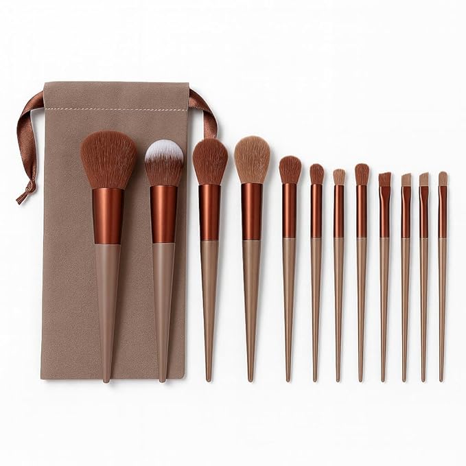 13 Piece Makeup Brush Set Professional Brown Cosmetic Brushes with Soft Bristles for Foundation, Blending, Eyeshadow & Powder Travel