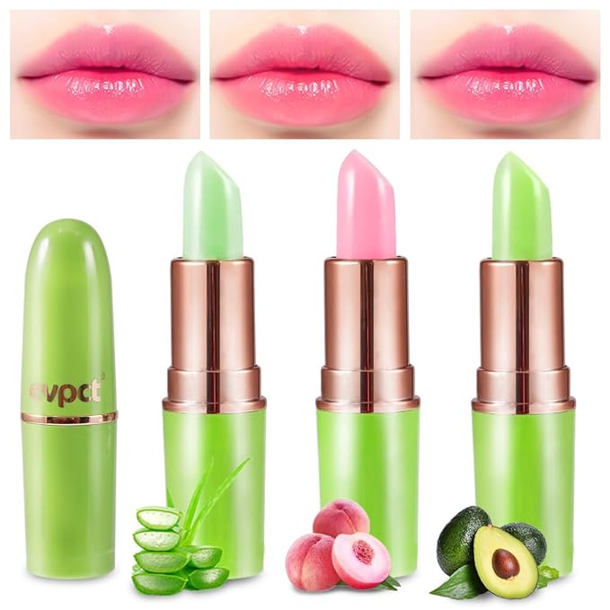 BINGBRUSH Aloe vera Color Changing Lipstick,Moisturizer Long Lasting Lip Care Magic Lip Gloss,Makeup Lipstick Set (3Pcs Aloe vera+ Peach+ Avocado Green, 3 Count (Pack of 1))