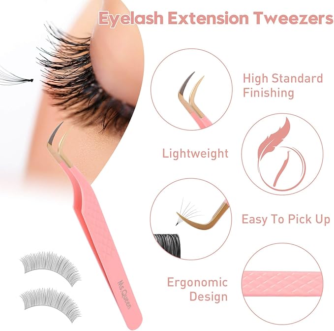 Ms.Queen Lash Tweezers for Eyelash Extensions,Fiber Tip Master Volume Lash Extension Tweezers with Diamond Grip