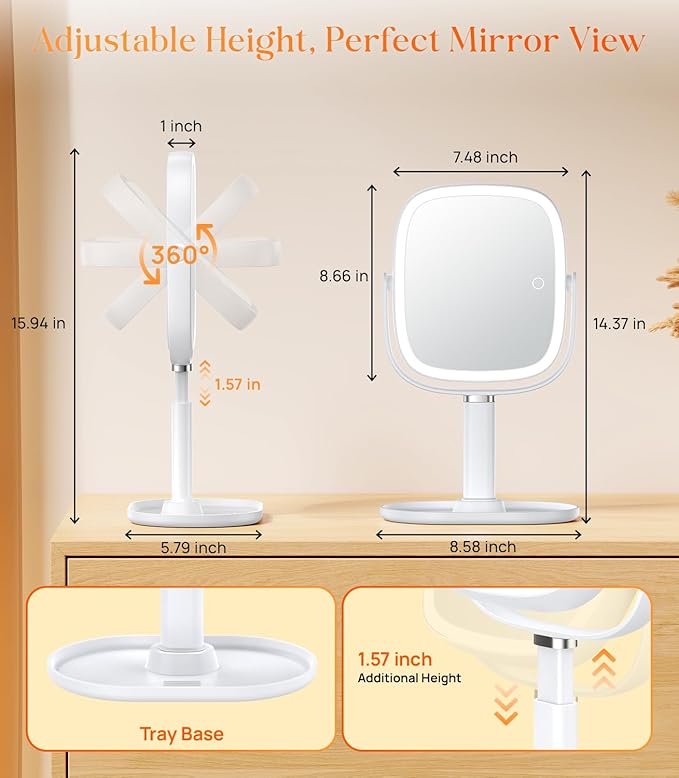 Gospire Lighted Makeup Mirror with Lights and Magnification 1X/10X, Tray Base and Height Adjustable for Desk, 4000mAh Rechargeable Battery, 3 Color Lights＆Memory Function for Bedroom - White