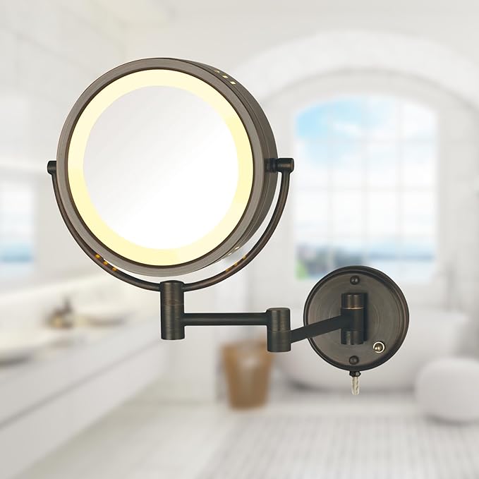 JERDON Two-Sided Wall-Mounted Makeup Mirror with Lights - Lighted Makeup Mirror with 8X Magnification & Wall-Mount Arm - 8.5-inch Diameter Mirror with Bronze Finish Wall Mount - Model HL75BZ