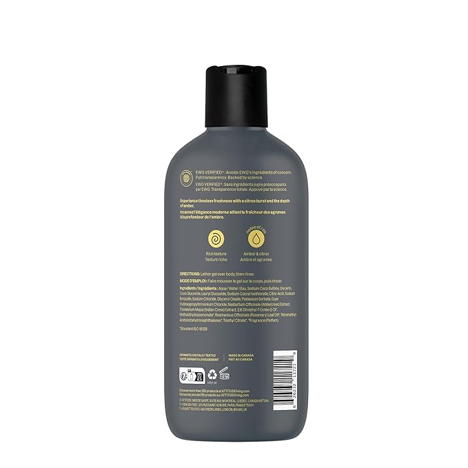 ATTITUDE Shower Gel Body Wash for Men, 98% Natural Origin Ingredients, Paraben & Phthalate Free, EWG Verified, Cleanses Without Drying, Amber & Citrus, 14 Fl Oz