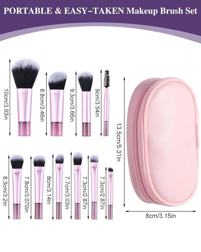 10 Pcs Mini Makeup Brush Travel Size Set With Brush Pouch, Portable Small Full Complete Function Cosmetic Brushes Kit for Women and Girls On the Go (Pink)