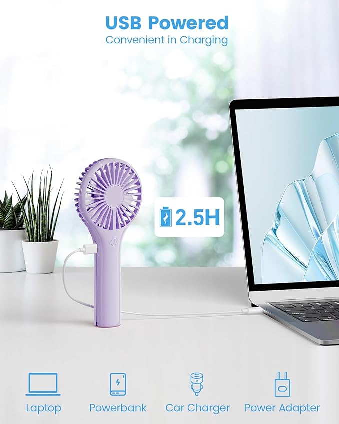 Portable Mini Fan - Powerful Personal Handheld Fan with 3 Speeds, Cute and Small, USB Rechargeable for Travel/Lash/Makeup/Outdoor/Home,Purple