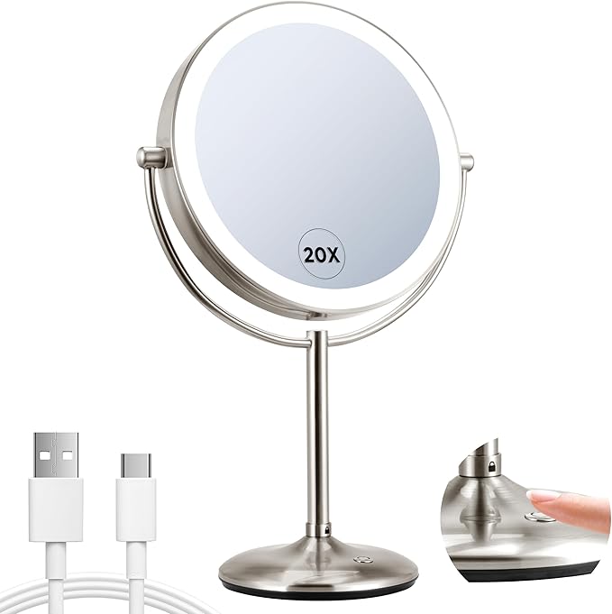 9" Lighted Makeup Mirror, 1X/20X Rechargeable Magnifying Mirror with 3 Color Dimmable Lights for Bedroom Tabletop, Base Charging and Switch, Women Gift