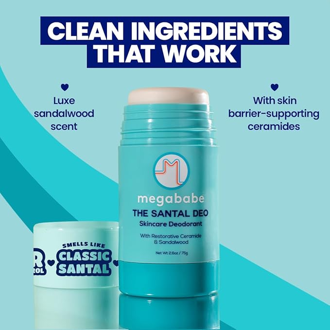 Megababe Skincare Deodorant - The Santal Deo with 72 hour Odor Protection | Restorative Ceramide & Sandalwood | Aluminum-Free, All Natural | 2.6 oz