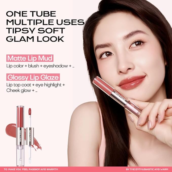 Mistine Lip Gloss Double Headed Lip Glaze Color Holding Lip Jelly Hydrating Gloss Moisturizing Balms Sheer Tint, Shine Glowy Matte Finish 0.05fl oz+0.05 fl oz D01 SAKURA GIN FIZZ