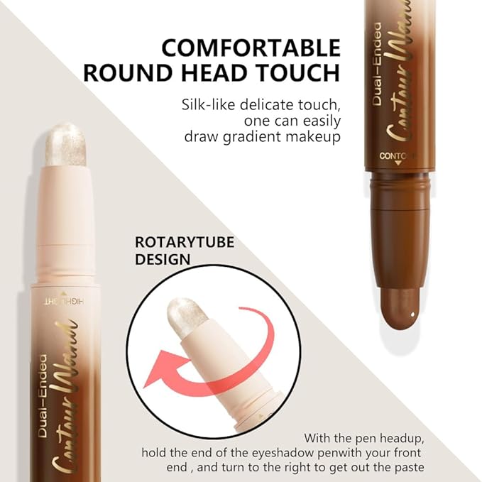 2in1 Nuetral Nude+Silver Shimmer Cream Contour Highlighter Stick, Dual-Ended Highlighter Makeup Contour Stick, Contour Stick Dual Ended For Face Body Makeup, Long Lasting Waterproof for All Skin Tones