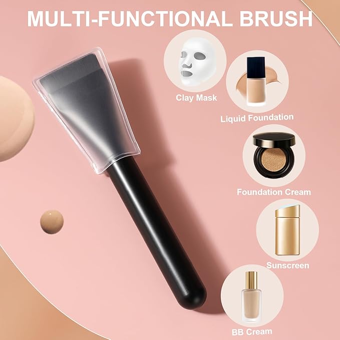 Flat Foundation Brush for Liquid Makeup with Powder Puff Fast Flawless Flat Top Kabuki Makeup Brushes Face Cosmetics Concealer Brush for Liquid, Blending, Powder, Cream, Blush, Buffing Black